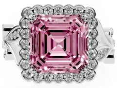 Fancy Pink Asscher Cut Diamond Halo Ring Set in Silver with Leaf Motif Split Shank and Prong Setting