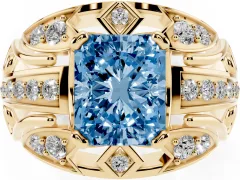 Fancy Blue Radiant Cut Diamond Art Deco Ring Set in Yellow gold with Pavé Split Shank