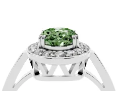 Fancy Green Oval Cut Diamond Halo Ring Set in White gold with Accent-Lined Split Shank and Prong Setting