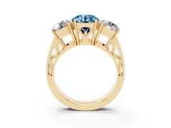 Fancy Blue Round Cut Diamond Three-Stone Ring Set in Yellow gold with Textured Band