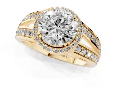 Round Cut Diamond Halo Ring Set in Yellow gold with Double Pavé Split Shank