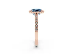 Fancy Blue Radiant Cut Diamond Halo Ring Set in Rose gold with Pavé Milgrain Band