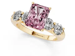 Fancy Pink Radiant Cut Diamond Five-Stone Prong Set Ring Set in Yellow gold with Classic Band