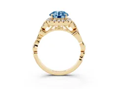Fancy Blue Round Cut Diamond Halo Engagement Ring Set in Yellow gold with Vintage-Inspired Band and Prong Setting