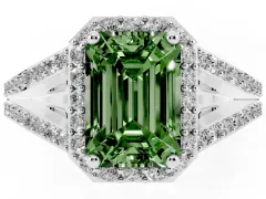 Fancy Green Emerald Cut Diamond Halo Split Shank Pavé Ring Set in Platinum with Prong Setting