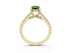Fancy Green Emerald Cut Diamond Solitaire Ring Set in Yellow gold with Brilliant Pavé Band and Prong Setting