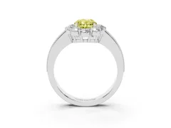 Fancy Yellow Oval Cut Diamond Halo Pavé Engagement Ring Set in White gold with Milgrain Detailing
