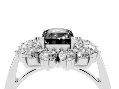 Fancy Black Emerald Cut Diamond Floral Double Halo Ring Set in Silver with Round Petals
