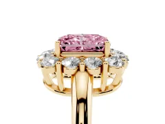 Fancy Pink Radiant Cut Diamond Halo Cluster Engagement Ring Set in Yellow gold with Polished Band and Prong Setting