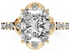 Radiant Cut Diamond Solitaire Ring Set in Yellow gold with Pavé Band and Floral Prong Setting