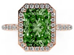 Fancy Green Radiant Cut Diamond Halo Engagement Ring Set in Rose gold with Round Pavé Shoulders and Heart Gallery