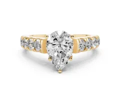 Pear Cut Diamond Solitaire Ring Set in Yellow gold with Cut-Down Micro Pavé Band and Prong Setting