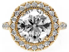 Round Cut Diamond Halo Ring Set in Yellow gold with Pavé Shank and Prong Setting