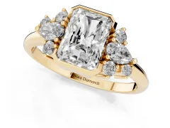 Radiant Diamond Cluster Side Stone Ring Set in Yellow gold with Pear and Round Side Stones