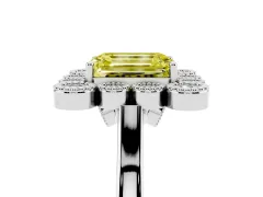 Fancy Yellow Emerald Cut Diamond Cluster Halo Ring Set in White gold with Milgrain Bezel Accents and Plain Band