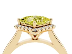 Fancy Yellow Princess Cut Diamond Halo Engagement Ring Set in Yellow gold with Pavé Band and Rising Shoulders