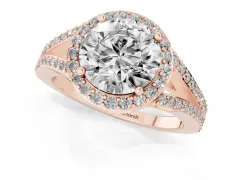 Round Cut Diamond Halo Split Shank Ring Set in Rose gold with Accent Stones and Prong Setting