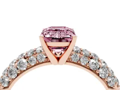Fancy Pink Emerald Cut Diamond Pavé Band Solitaire Ring Set in Rose gold with Close-Set Accent Stones and Prong Setting