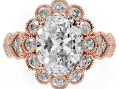 Oval Cut Diamond Solitaire Ring Set in Rose gold with Milgrain Pavé Heart Band