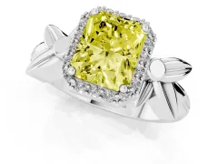 Fancy Yellow Radiant Cut Diamond Halo Floral Band Ring Set in White gold with Prong Setting