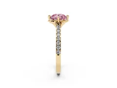 Fancy Pink Round Cut Diamond Solitaire Ring Set in Yellow gold with Pavé Band and Floral Prong Setting