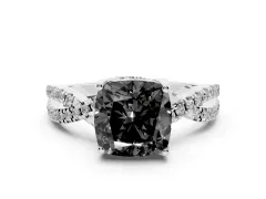 Fancy Black Cushion Cut Diamond Twist Pavé Solitaire Engagement Ring Set in Platinum with Prong Setting