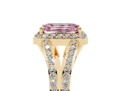 Fancy Pink Emerald Cut Diamond Halo Split Shank Pavé Ring Set in Yellow gold with Prong Setting