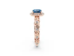 Fancy Blue Cushion Cut Diamond Halo Ring Set in Rose gold with Filigree Leaf Band and Prong Setting