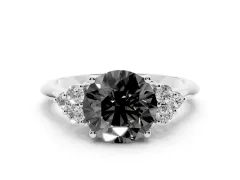 Fancy Black Round Cut Diamond Cluster Ring Set in Silver with Plain Band and Prong Setting