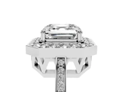 Asscher Cut Diamond Halo Ring Set in White gold with Accent-Lined Split Shank and Prong Setting