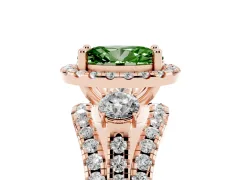 Fancy Green Oval Cut Diamond Halo Split Shank Ring Set in Rose gold with Round Accent Stones and Prong Setting