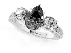 Fancy Black Pear Cut Diamond Three-Stone Ring Set in Silver with Round Side Stones and Pavé Band