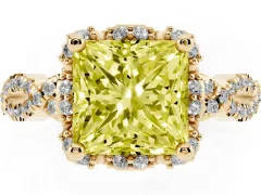 Fancy Yellow Princess Cut Diamond Halo Twist Band Solitaire Ring Set in Yellow gold with Prong-Set Center Stone
