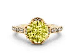 Fancy Yellow Round Cut Diamond Halo Ring Set in Yellow gold with Channel Set Band and Prong Setting