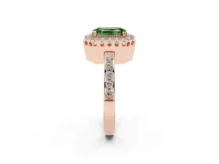 Fancy Green Emerald Cut Diamond Halo Ring Set in Rose gold with Pavé Shank and Prong Setting