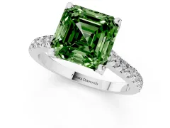 Fancy Green Asscher Cut Diamond Solitaire Ring Set in Platinum with Brilliant Pavé Band and Prong Setting