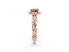 Fancy Pink Cushion Cut Diamond Halo Ring Set in Rose gold with Filigree Leaf Band and Prong Setting