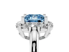 Fancy Blue Princess Cut Diamond Halo Cluster Engagement Ring Set in White gold with Polished Band and Prong Setting