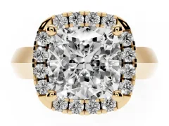 Cushion Cut Diamond Halo Solitaire Engagement Ring Set in Yellow gold with Square Band and Prong Setting