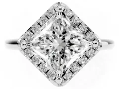 Princess Cut Diamond Halo Engagement Ring Set in White gold with Pavé Band and Rising Shoulders