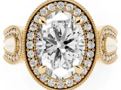 Oval Cut Diamond Halo Ring Set in Yellow gold with Milgrain Accent Split Shank