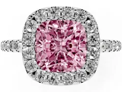 Fancy Pink Cushion Cut Diamond Pavé Halo Ring Set in Silver with Prong Setting