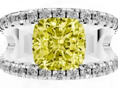 Fancy Yellow Cushion Cut Diamond Split Shank Pavé Solitaire Ring Set in Platinum with Open Shank Design
