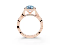 Fancy Blue Emerald Cut Diamond Halo Twist Band Solitaire Ring Set in Rose gold with Prong Setting