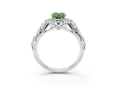 Fancy Green Oval Cut Diamond Solitaire Ring Set in Platinum with Hidden Halo and Pavé Band
