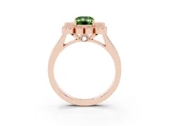 Fancy Green Emerald Cut Diamond Cluster Halo Ring Set in Rose gold with Milgrain Bezel Accents and Plain Band