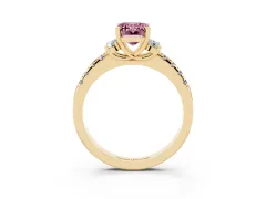 Fancy Pink Emerald Cut Diamond Three-Stone Pavé Ring Set in Yellow gold with Prong Setting