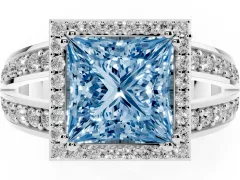 Fancy Blue Princess Cut Diamond Halo Ring Set in White gold with Double Pavé Split Shank
