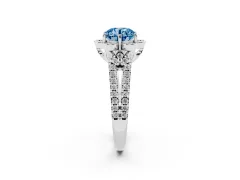 Fancy Blue Round Cut Diamond Floral Halo Split Shank Engagement Ring Set in Silver with Pavé Shank