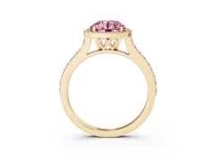 Fancy Pink Round Cut Diamond Halo Engagement Ring Set in Yellow gold with Round Pavé Shoulders and Heart Gallery